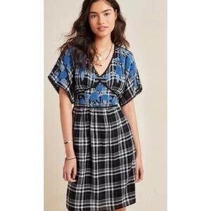 Anthropologie Sarah Plaid Embroidered Tunic Dress in Cotton Blend size 6